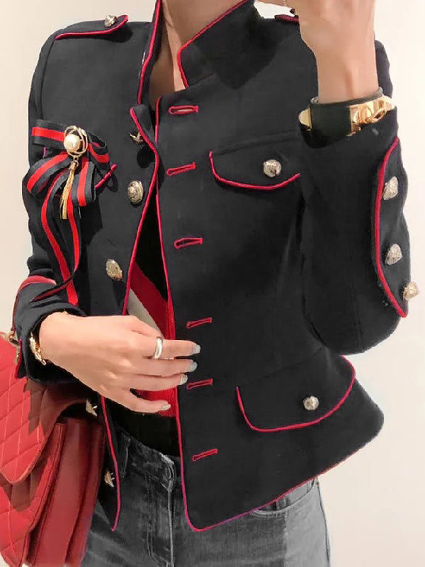 Long Sleeve Loose Button Stand Collar Cotton Blend Jacket