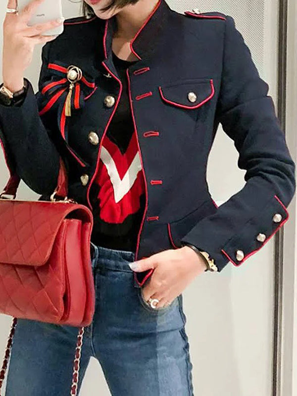 Long Sleeve Loose Button Stand Collar Cotton Blend Jacket