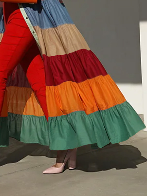 Long Sleeves Loose Buttoned Contrast Color Striped Stand Collar Maxi Dresses Outerwear Shirt Dress