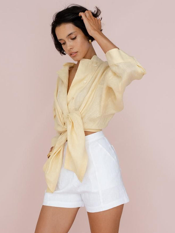 Casual Long Sleeves Split-Front Solid Color Notched Collar Blouses