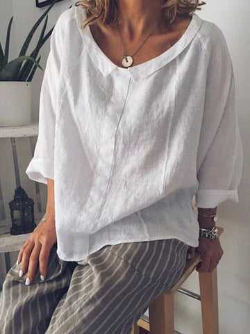 Vintage Ramie Cotton Round-Neck Lapel T-Shirt