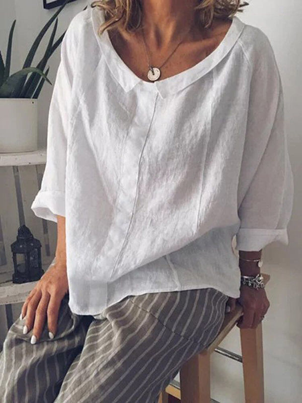 Vintage Ramie Cotton Round-Neck Lapel T-Shirt