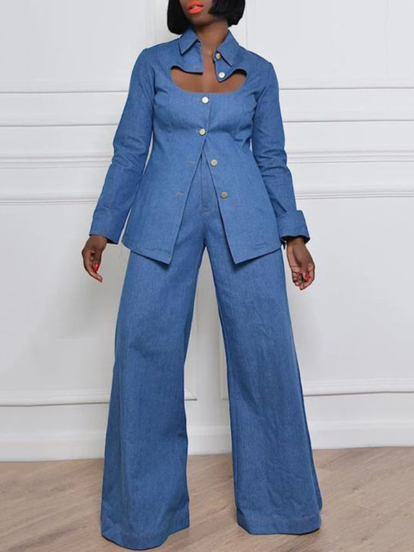 Long Sleeves Loose Buttoned Hollow Lapel Blouses&Shirts Tops