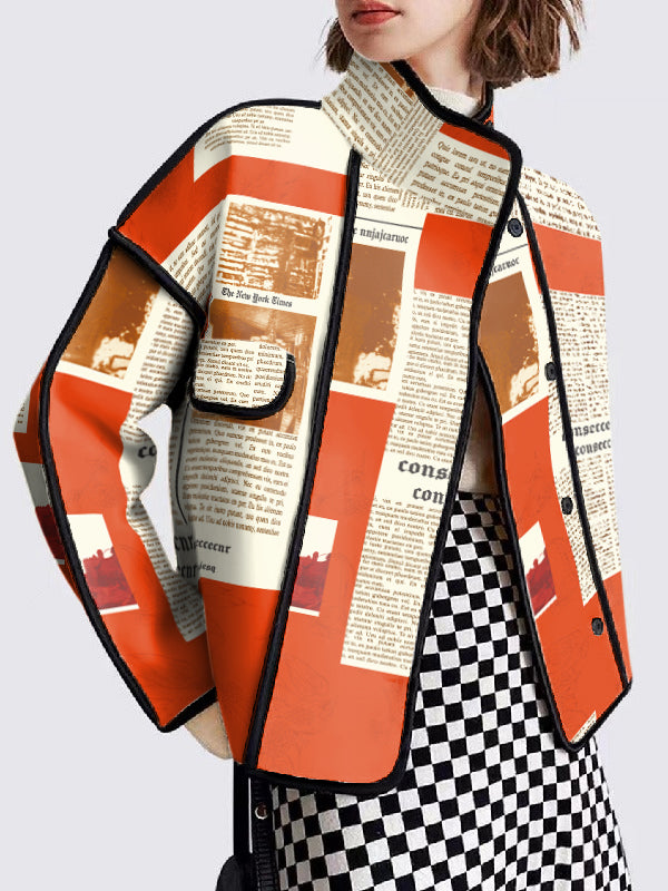 Long Sleeves Loose Newspaper Print Split-Joint Stand Collar Jackets Outerwear