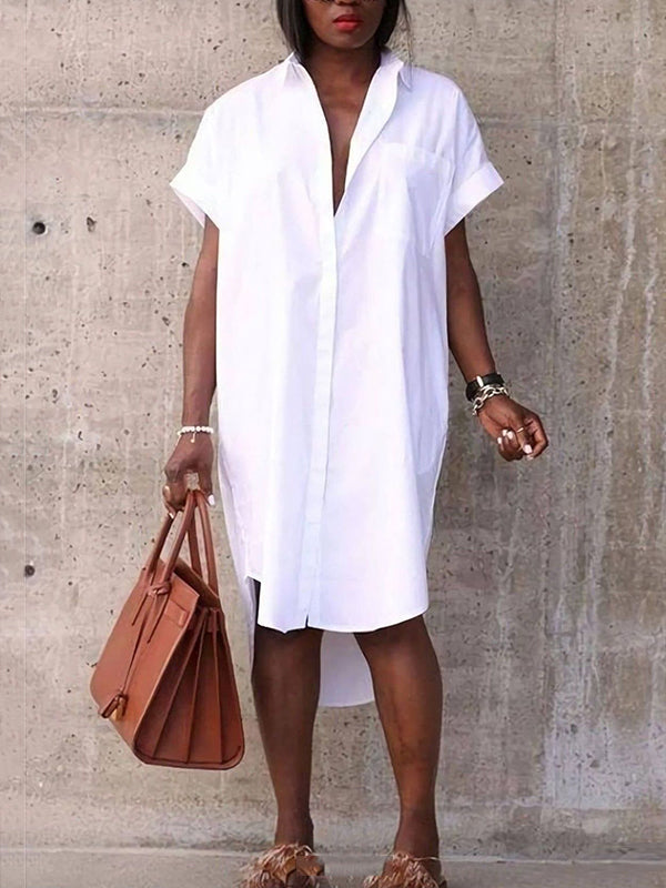 Simple White High-Low Short Sleeves Midi Dress