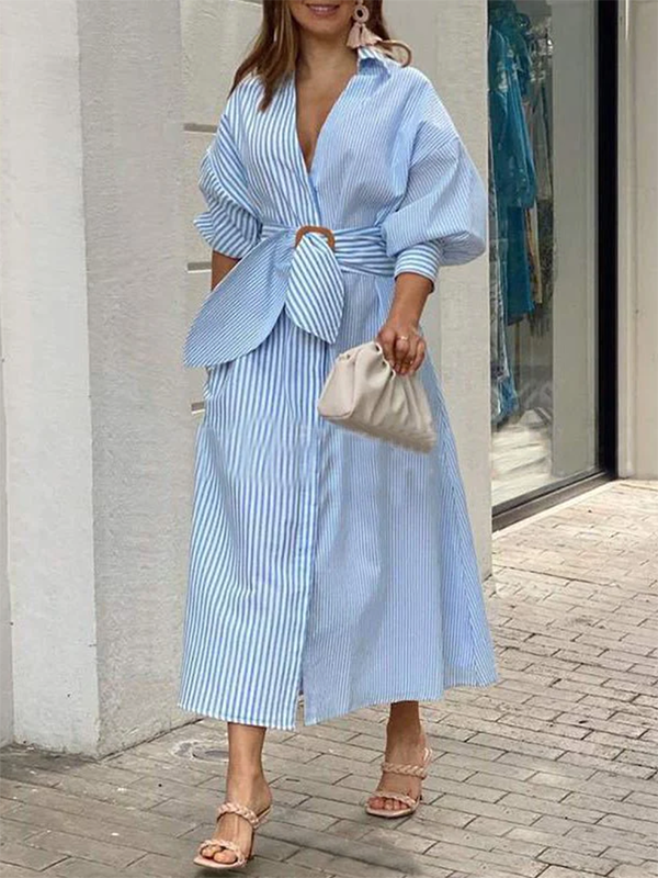 Original Puff Sleeves Loose Contrast Color Striped Lapel Collar Midi Dresses