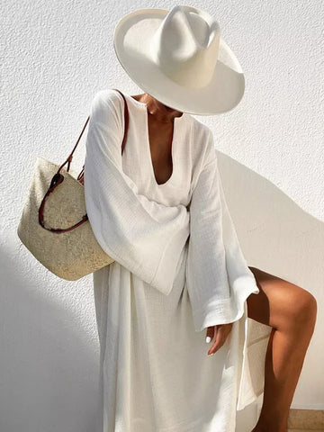 Vacation Flared Sleeves Solid Color Deep V-Neck Midi Dresses