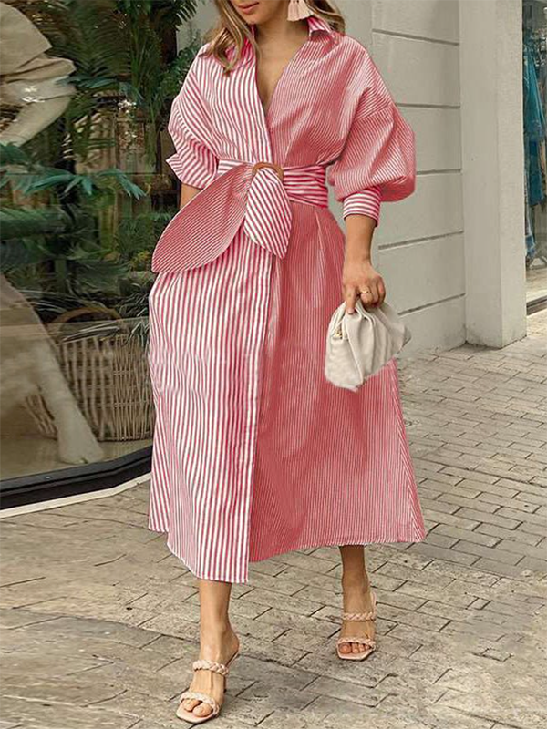 Original Puff Sleeves Loose Contrast Color Striped Lapel Collar Midi Dresses