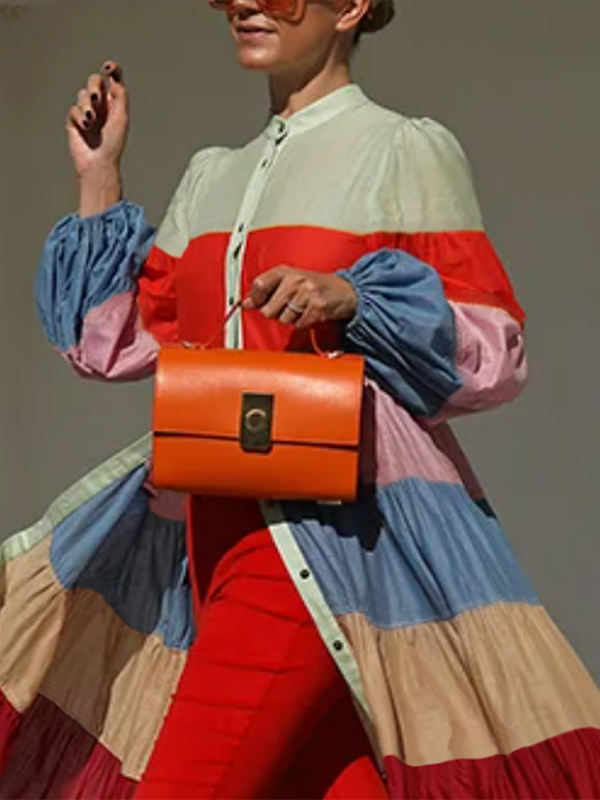 Long Sleeves Loose Buttoned Contrast Color Striped Stand Collar Maxi Dresses Outerwear Shirt Dress