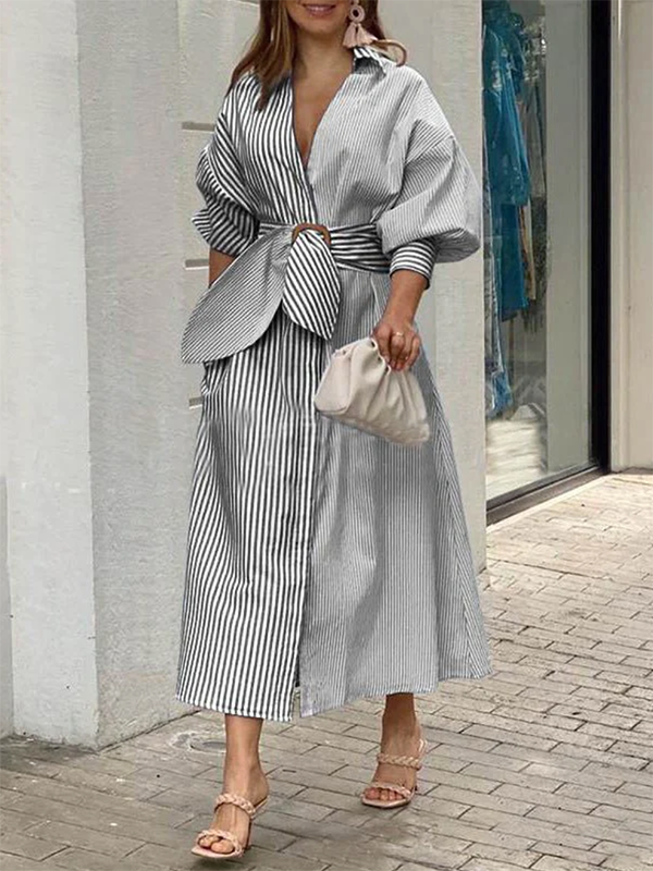 Original Puff Sleeves Loose Contrast Color Striped Lapel Collar Midi Dresses