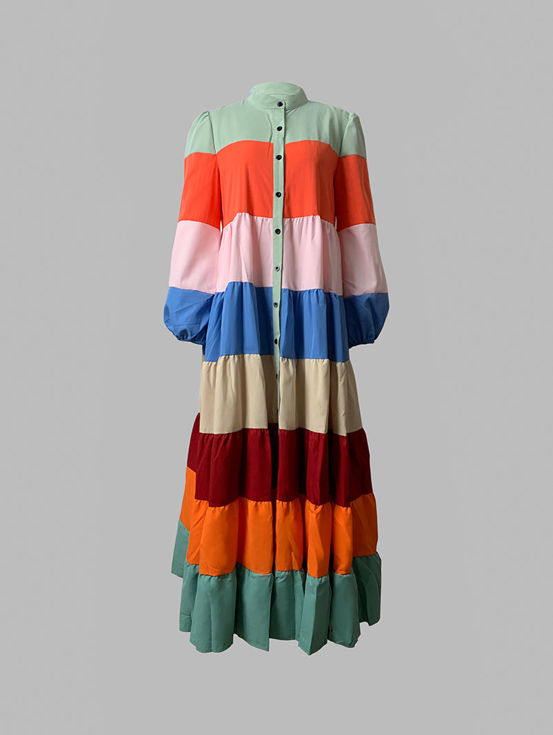 Long Sleeves Loose Buttoned Contrast Color Striped Stand Collar Maxi Dresses Outerwear Shirt Dress