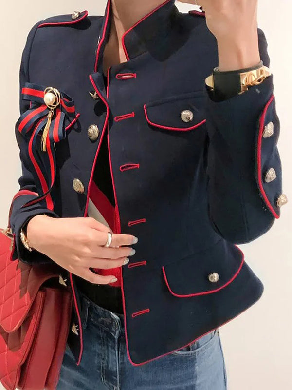 Long Sleeve Loose Button Stand Collar Cotton Blend Jacket