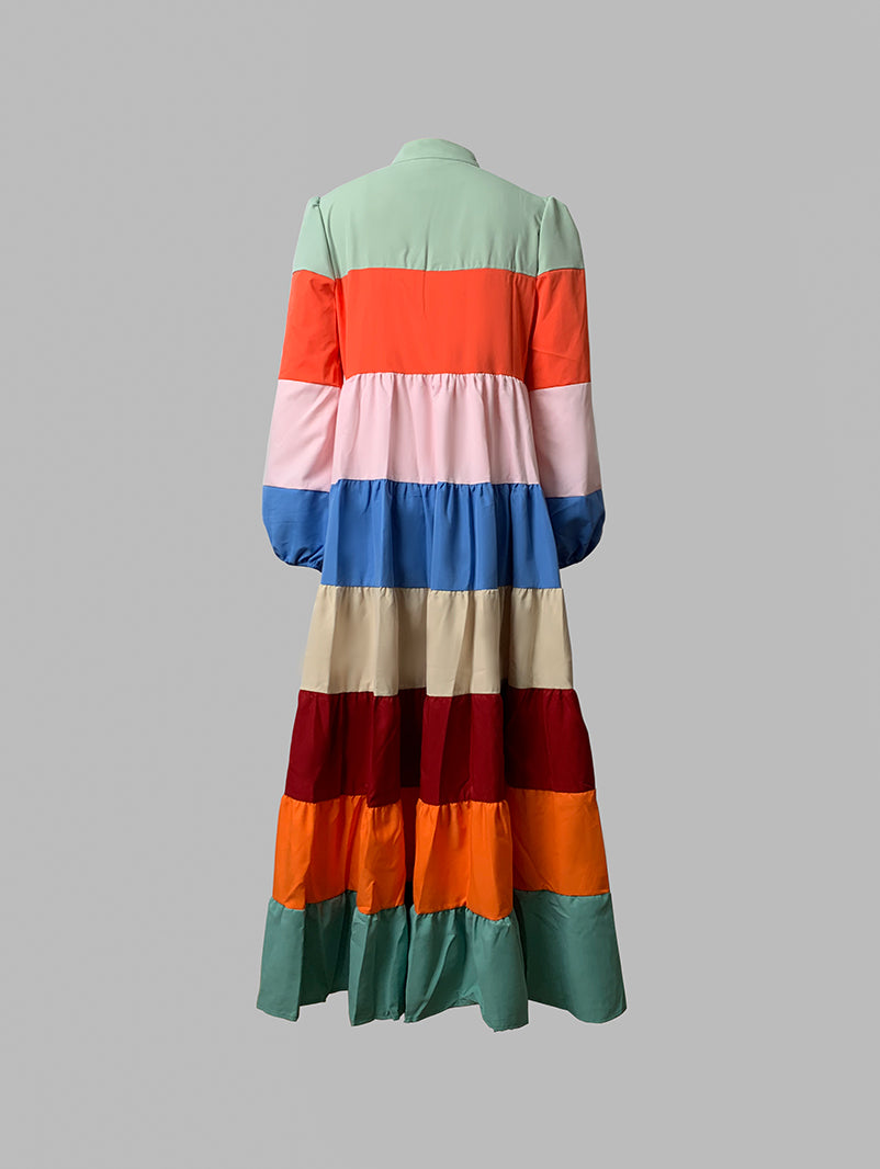 Long Sleeves Loose Buttoned Contrast Color Striped Stand Collar Maxi Dresses Outerwear Shirt Dress