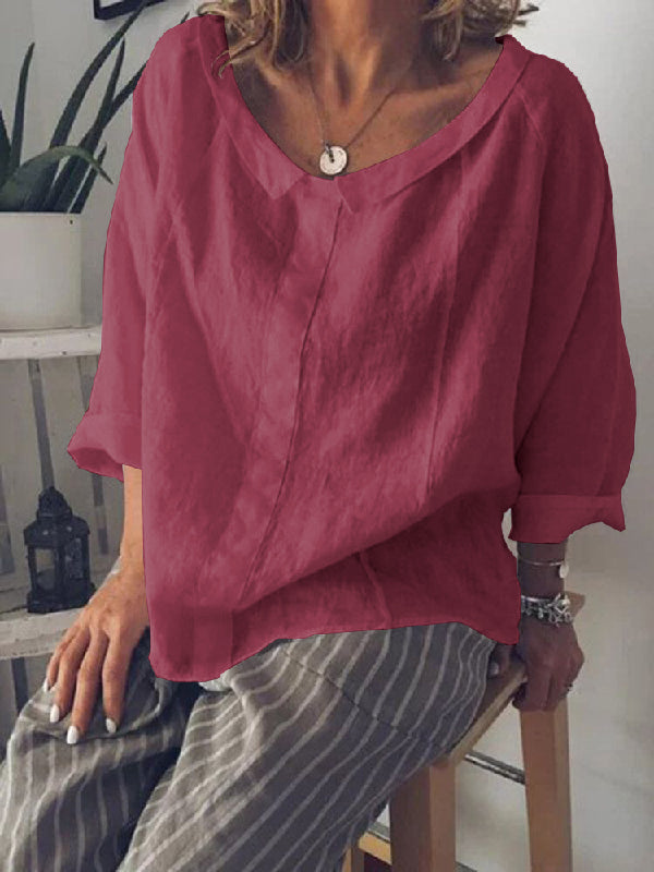 Vintage Ramie Cotton Round-Neck Lapel T-Shirt