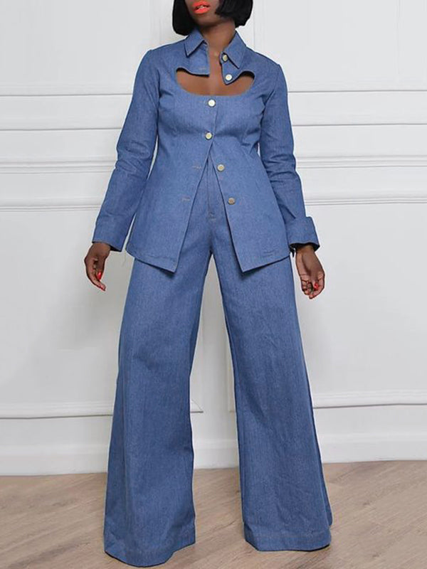 Long Sleeves Loose Buttoned Hollow Lapel Blouses&Shirts Tops